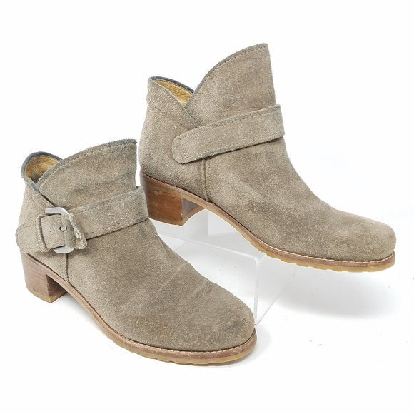 Stuart Weitzman shoes green/brown suede buckle panel ankle booties 4.5M - Picture 1 of 12